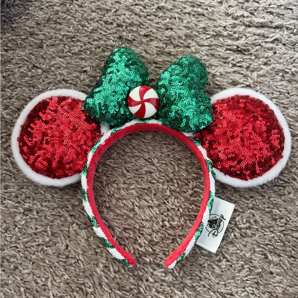 Disney Christmas Sequin Minnie Mouse Ears Headband - Red and Green
